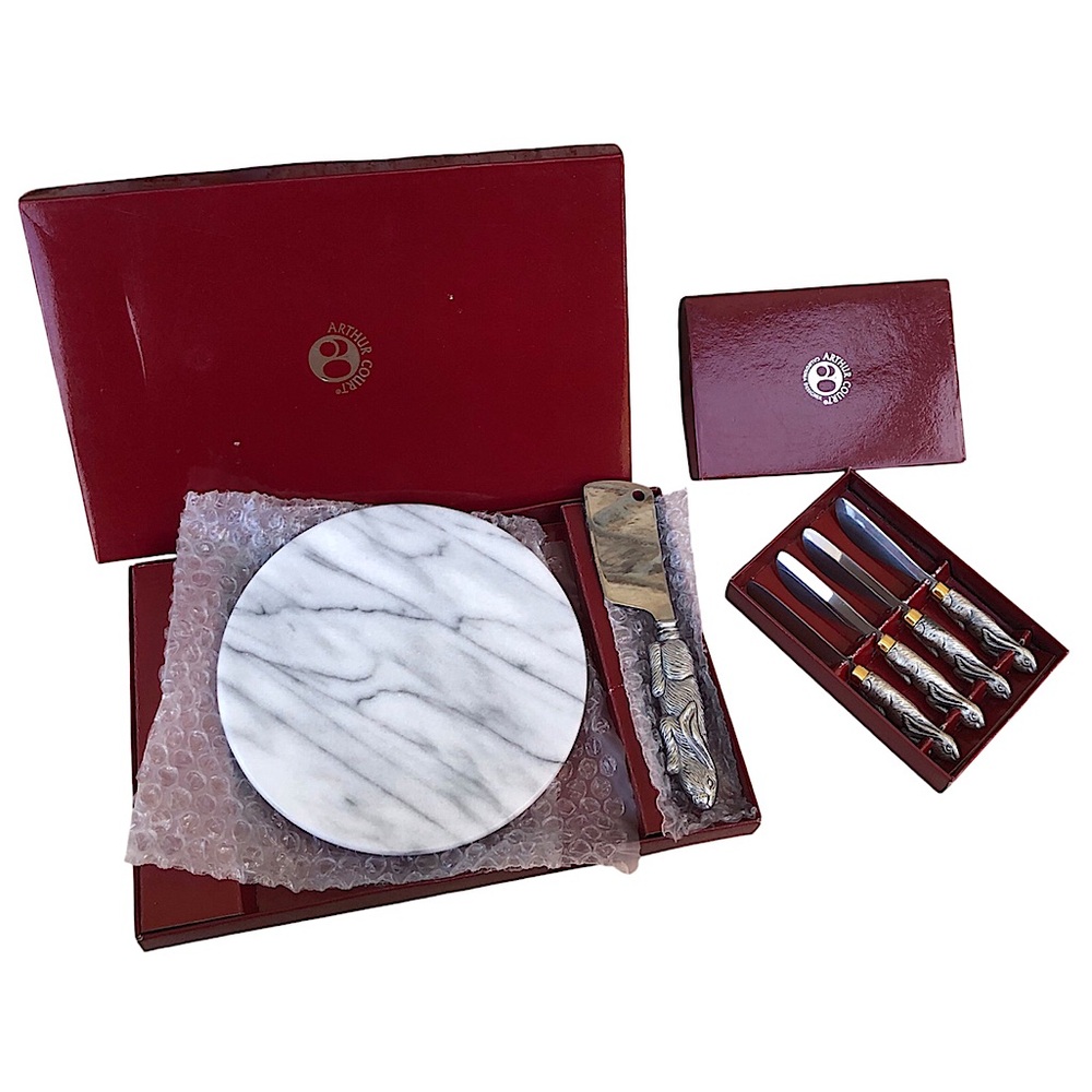 Arthur Court Vintage Bunny Rabbit Marble Cheese Board & Cutter + 4 Spread Knives